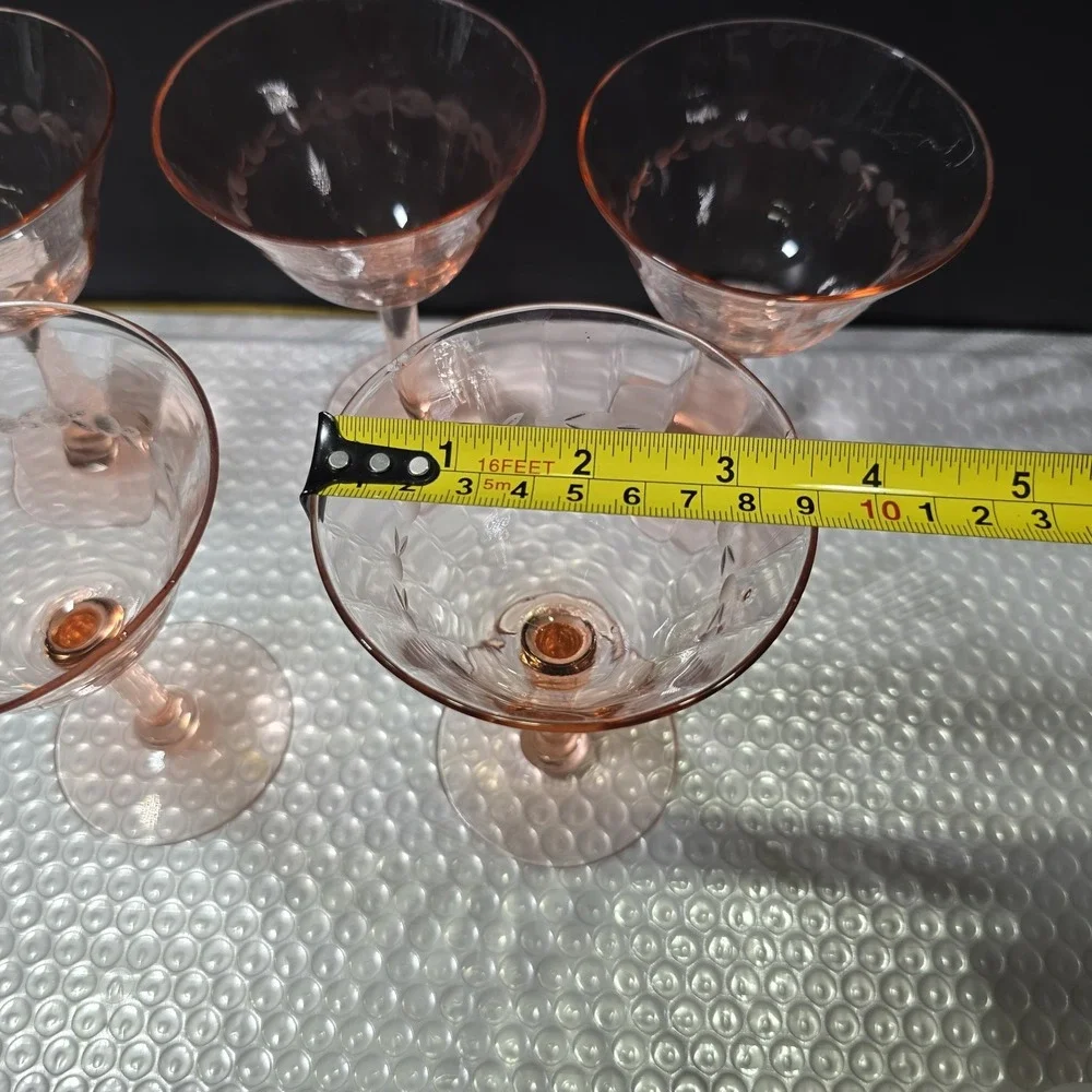 Vintage Pink Depression Glass Champagne Coupes Set Of 5 Etched Design